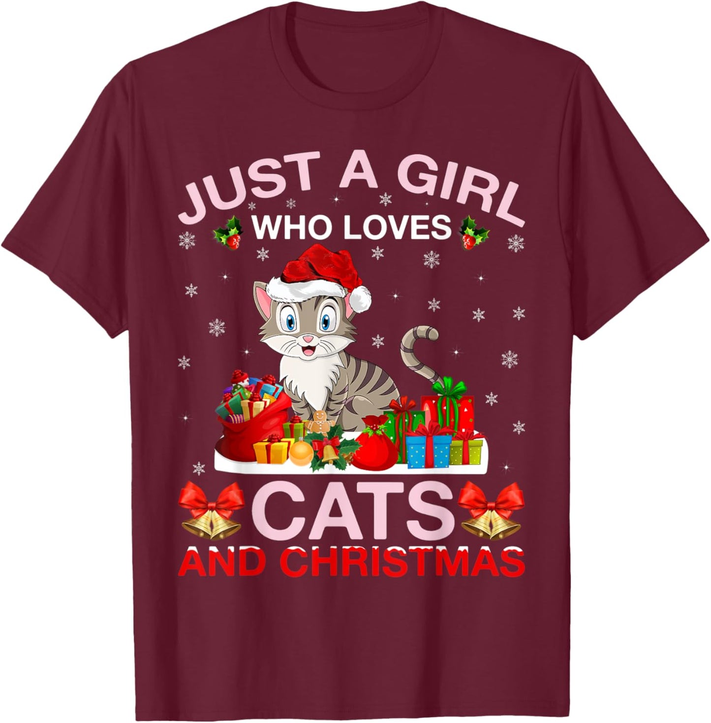 Just A Girl Who Love Cats And Christmas T-Shirt - T-Shirt | Maroon