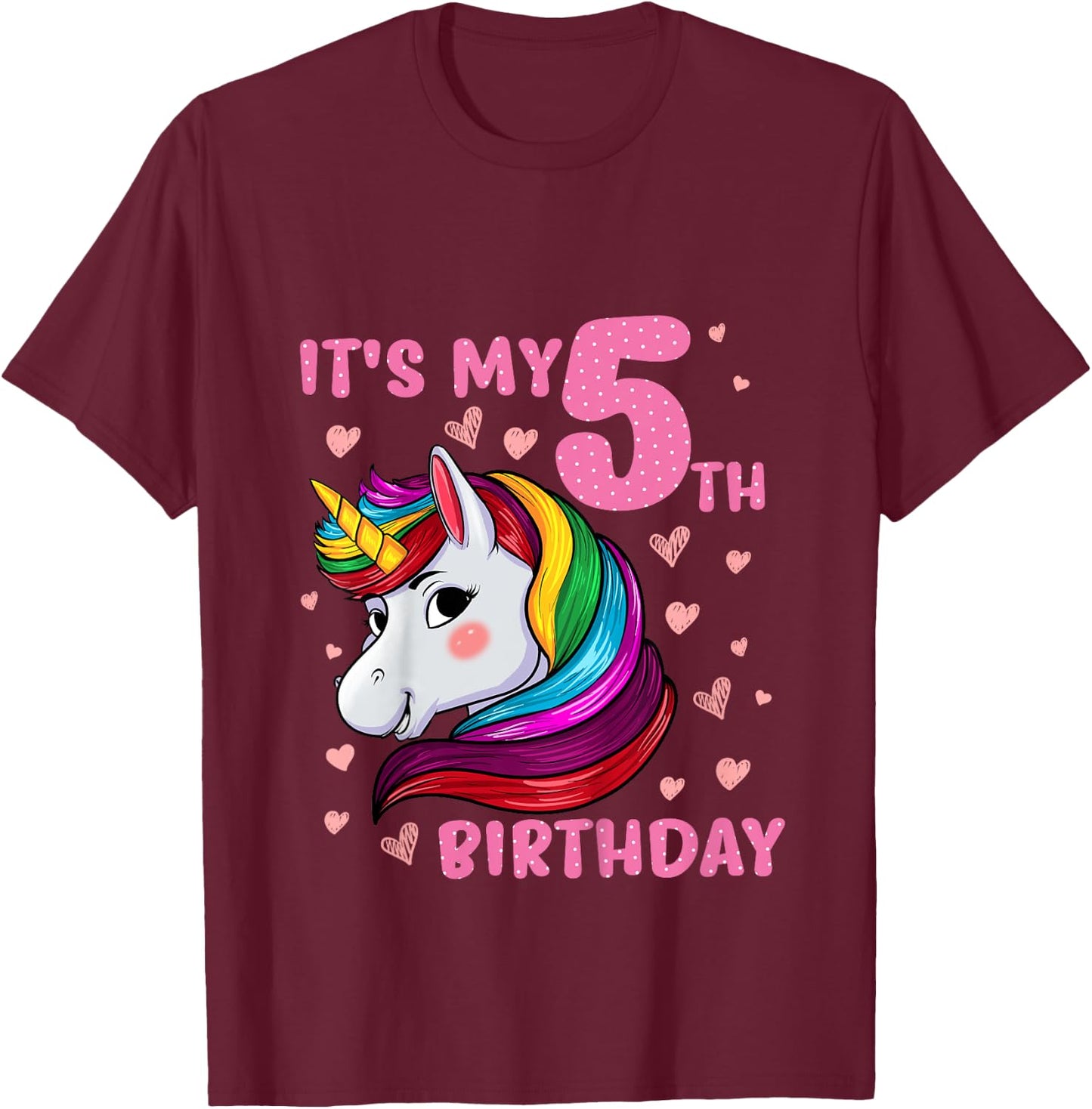 Unicorn Girl 5 Birthday Unicorn It's My 5th Birthday T-Shirt - T-Shirt | Maroon