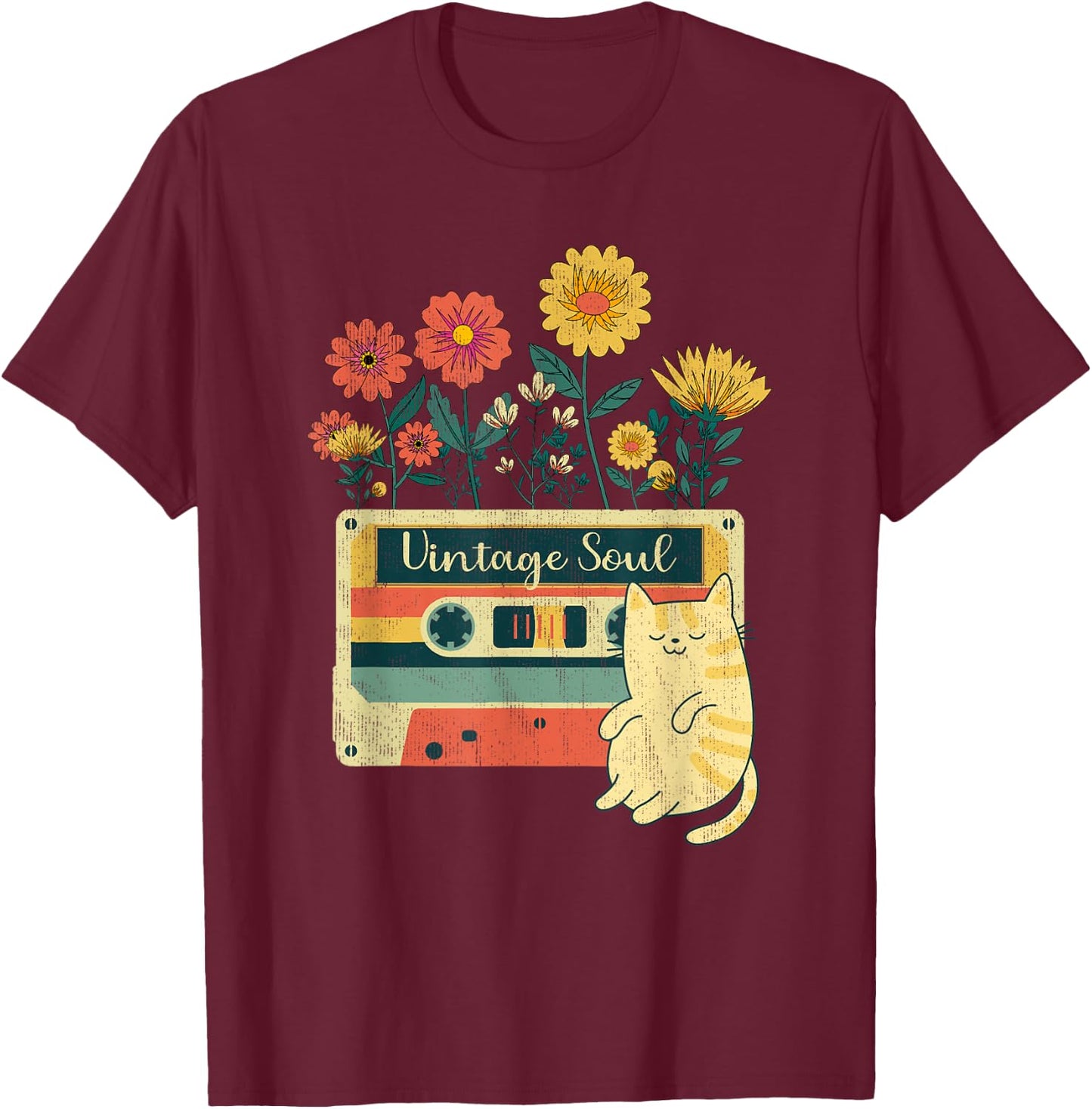 Vintage Cat Shirt - Retro Soul Flowers Wildflower T-Shirt - T-Shirt | Maroon