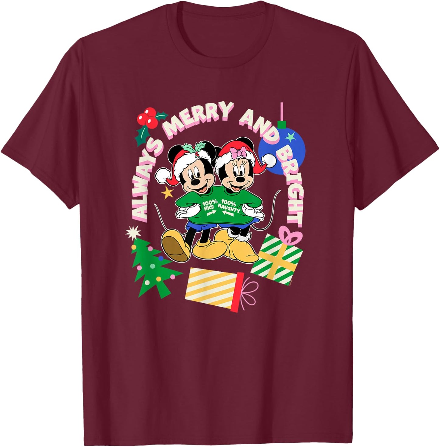 Disney Mickey & Minnie Christmas Always Merry & Bright T-Shirt - T-Shirt | Maroon