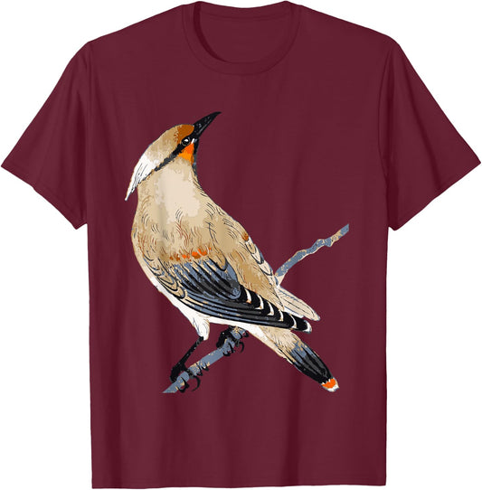 Cedar Waxwing Art Illustration T-Shirt - T-Shirt | Maroon