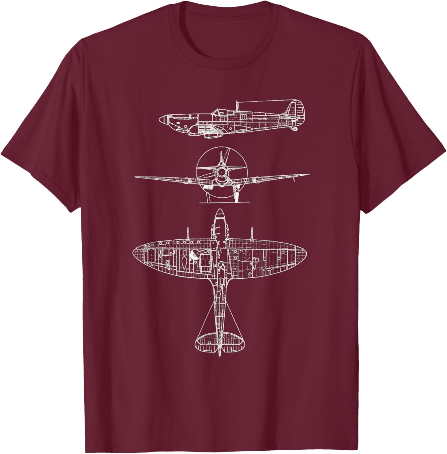 Spitfire Iconic British Airplane Blueprint Design T-Shirt - T-Shirt | Maroon