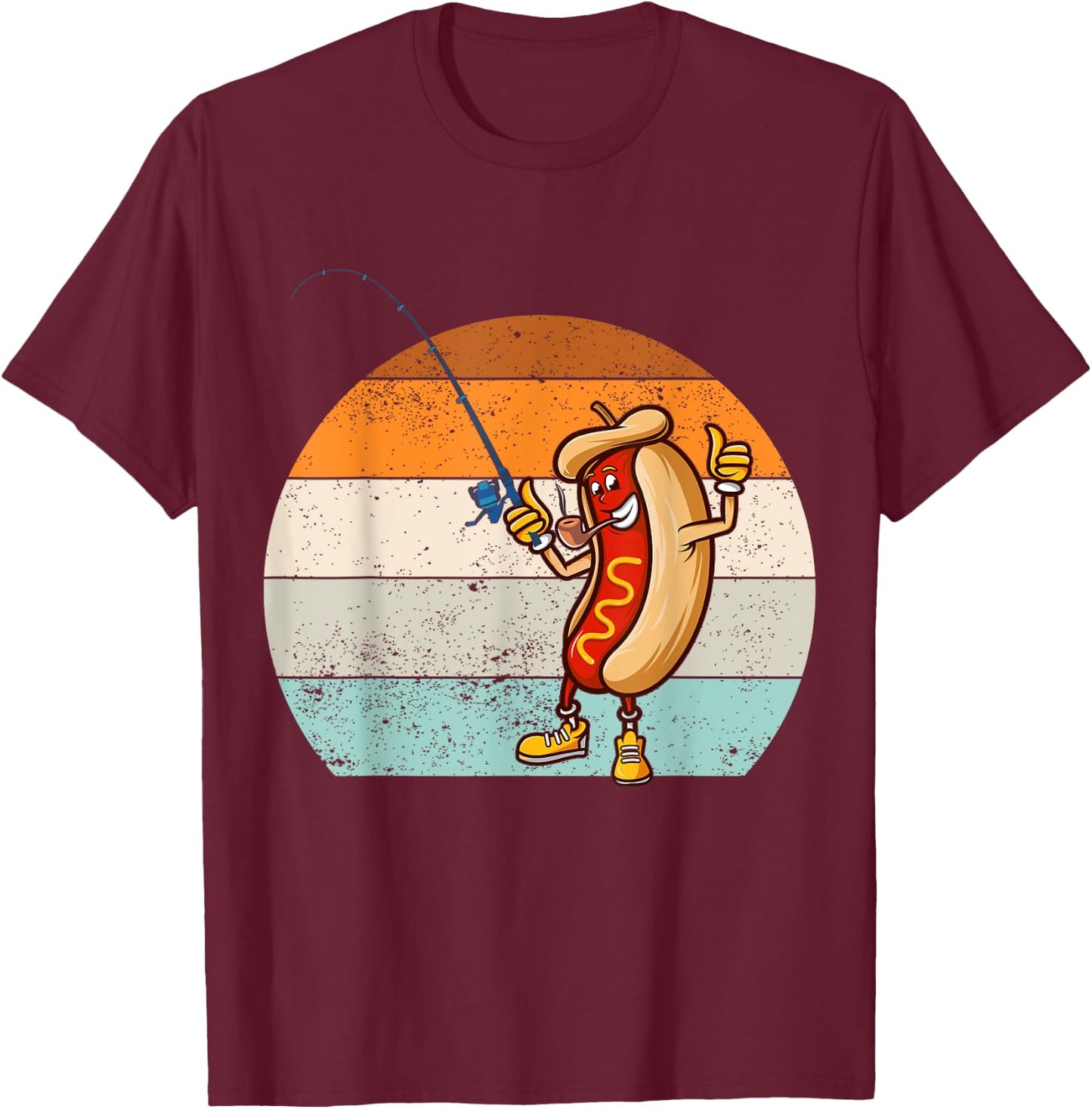 Funny fishing hot dog, Retro vintage hot dog fishermen T-Shirt - T-Shirt | Maroon
