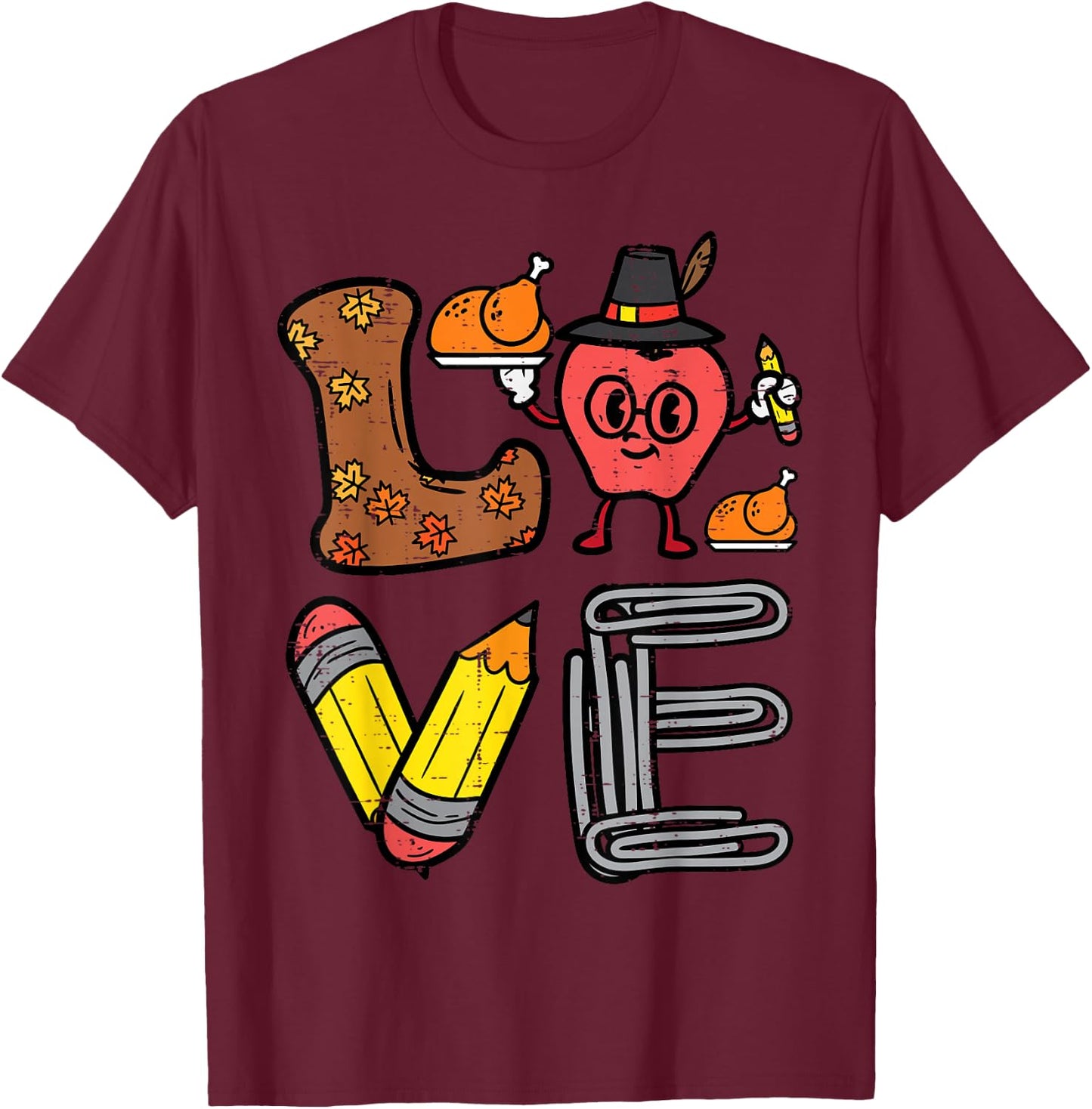 Thanksgiving Love Teacher Turkey Day Fall School Women Men T-Shirt - T-Shirt | Maroon