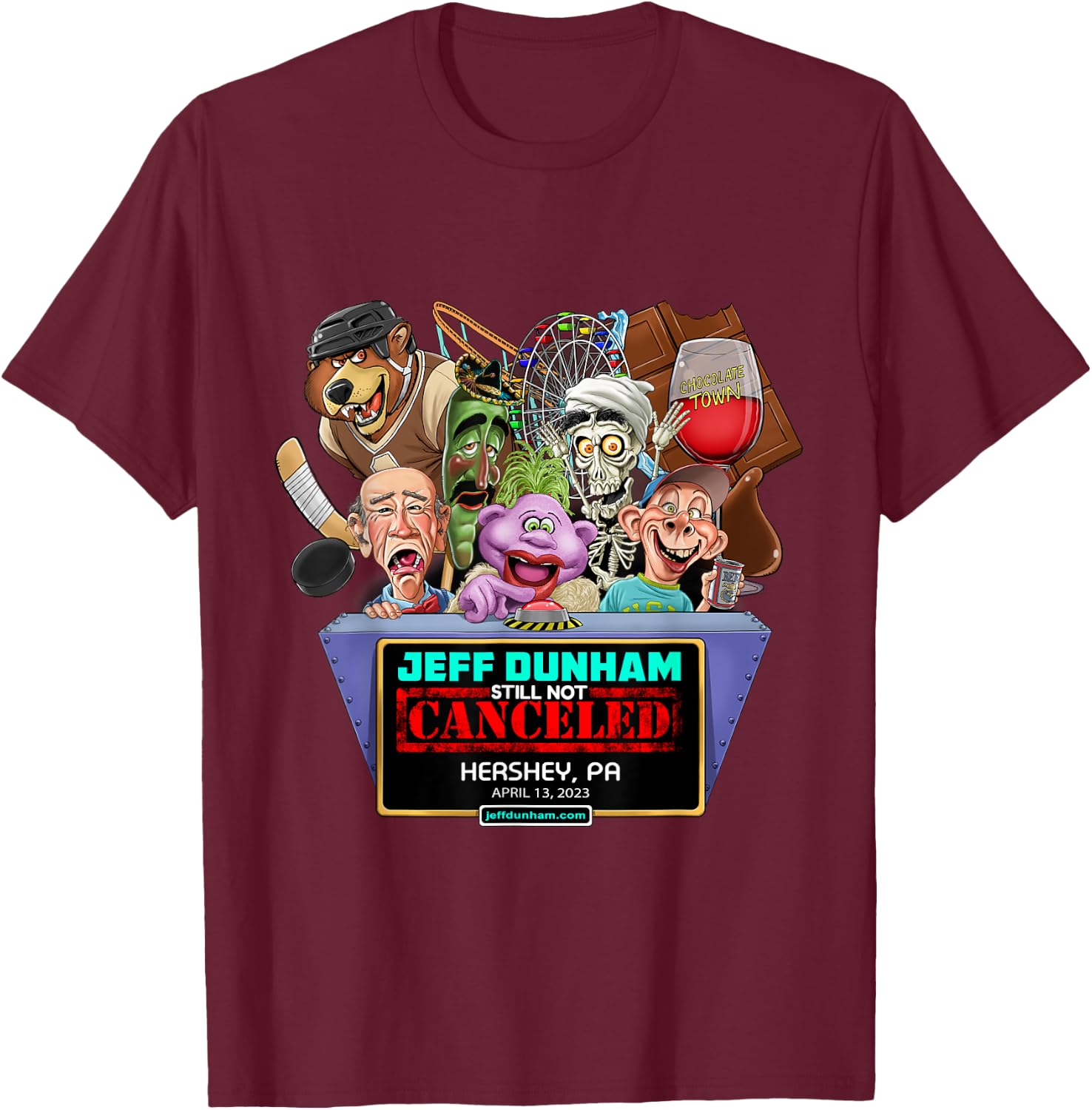 Jeff Dunham Hershey, PA (2023) T-Shirt - T-Shirt | Maroon
