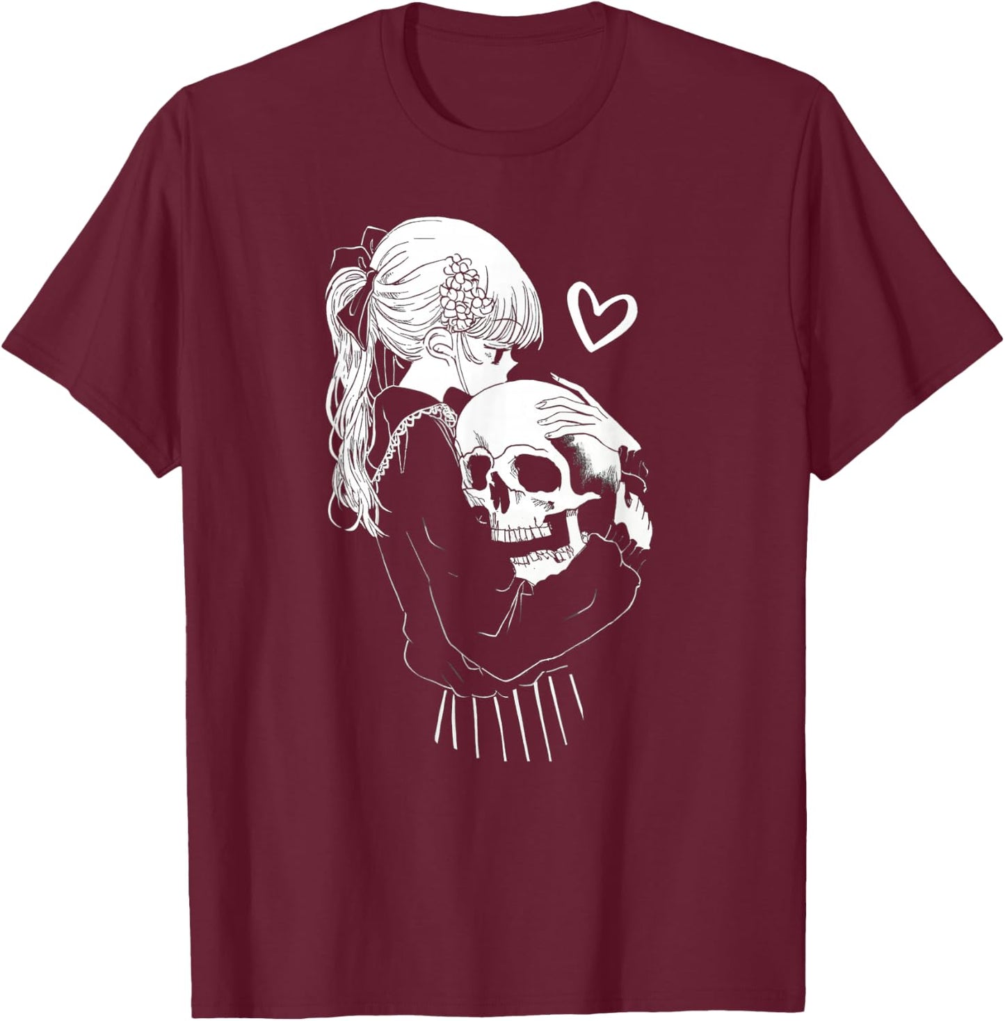 Creepy Cute Anime Schoolgirl Cuddles Skeleton Skull Dark Art T-Shirt - T-Shirt | Maroon