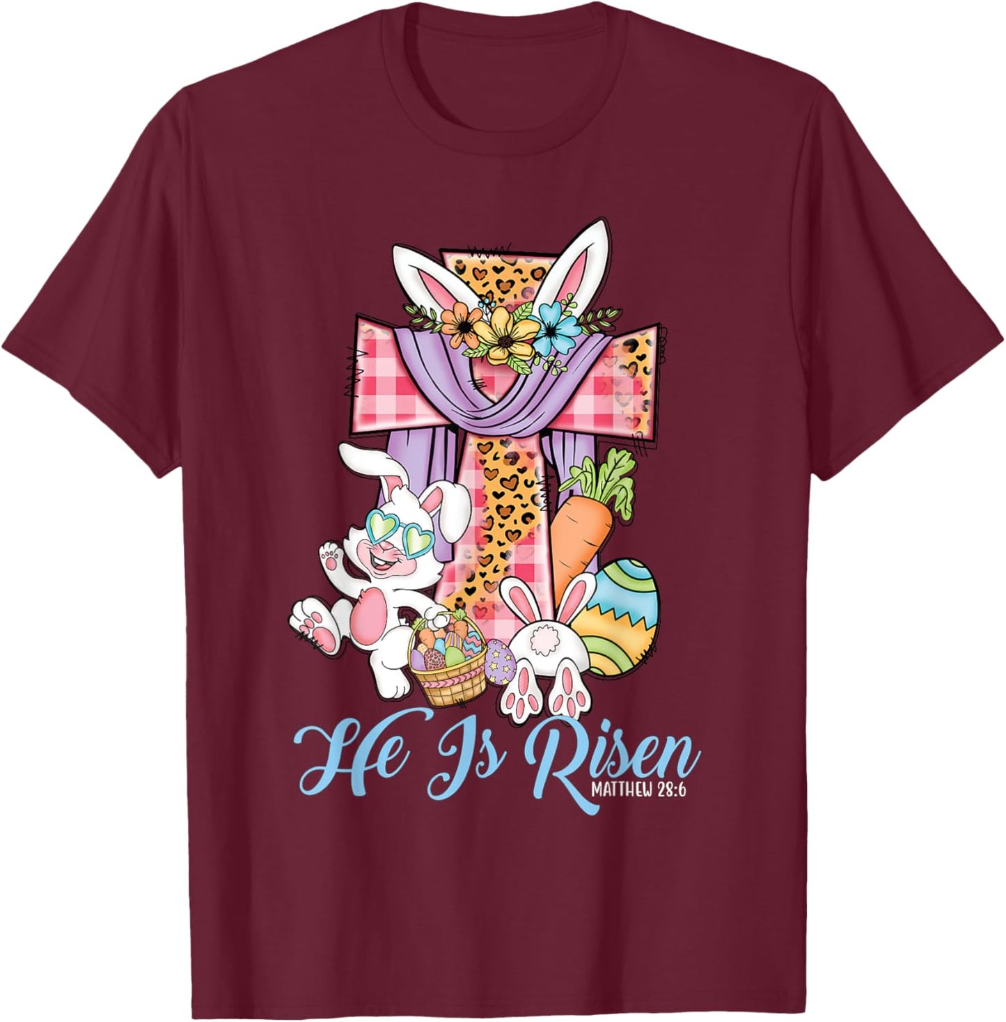 He is Risen Kids Leopard Cross Bunny Happy Easter T-Shirt - T-Shirt | Maroon