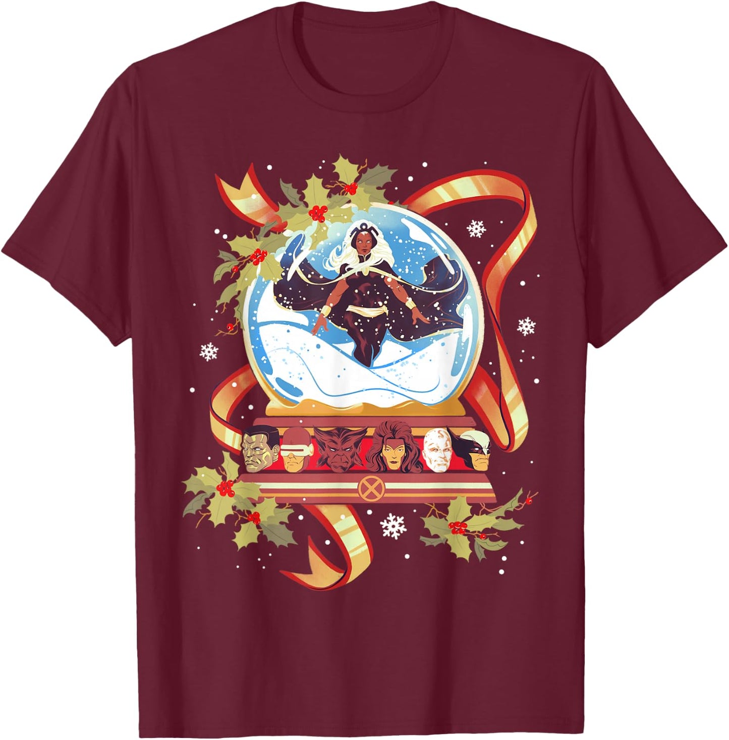 Marvel Storm and the X-Men Christmas Holiday Snow Globe T-Shirt - T-Shirt | Maroon