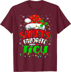 Santa Favorite TICU Nurse Christmas Trauma ICU Nurse T-Shirt - T-Shirt | Maroon