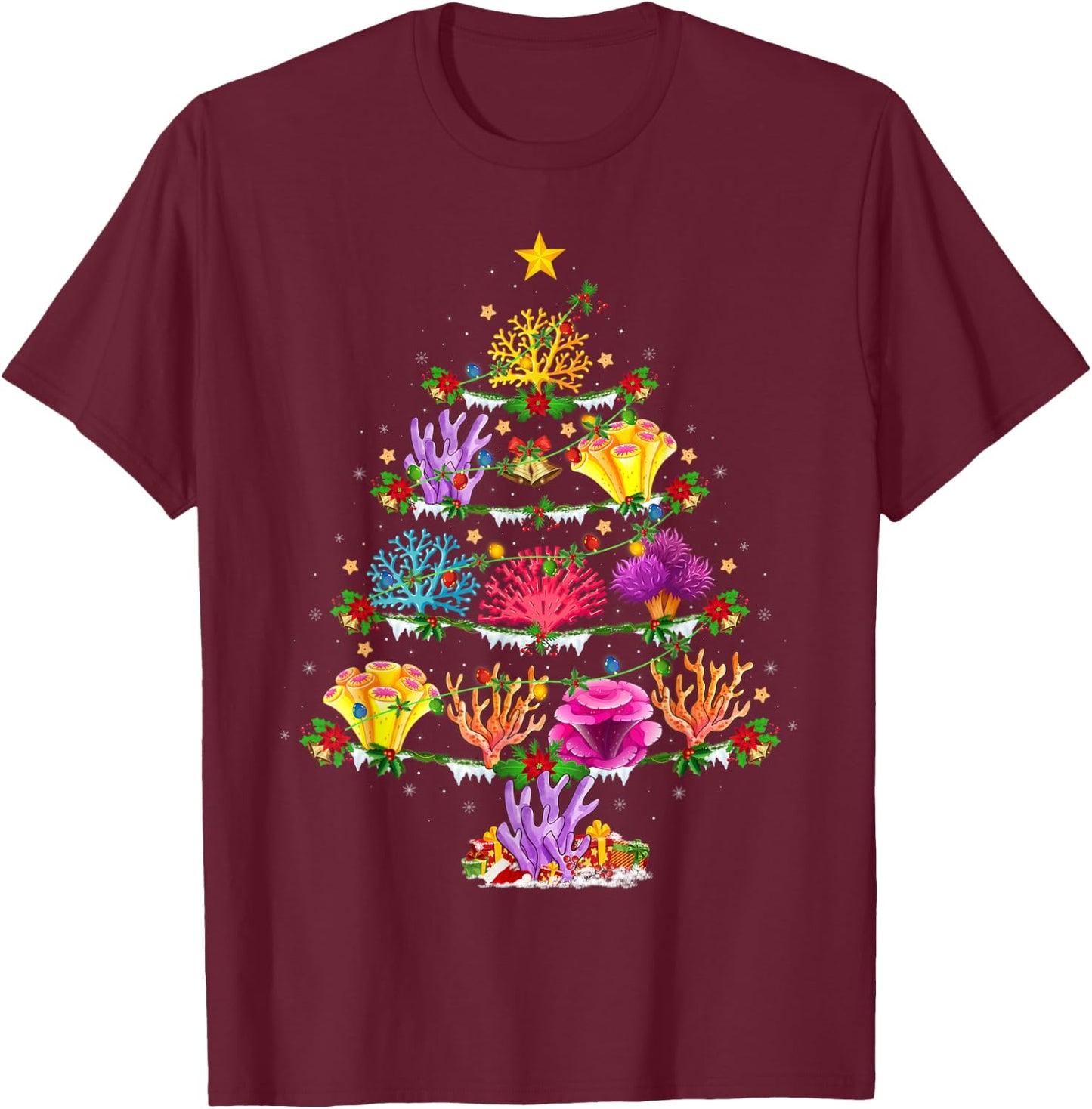 Coral Fish Lover Xmas Lights Coral Christmas Tree T-Shirt - T-Shirt | Maroon
