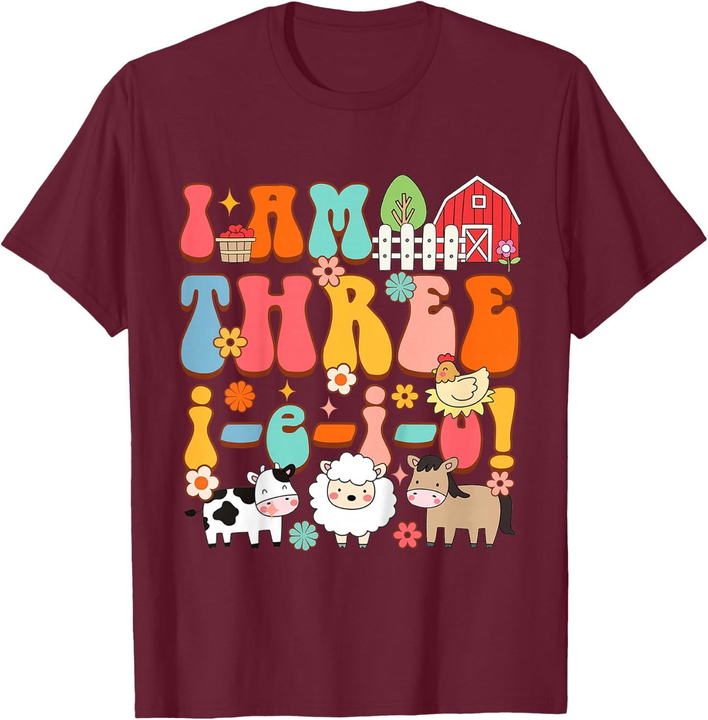 Kids 3rd Birthday Farm Life Farmer Third Bday I'm Three-i-e-i-o T-Shirt - T-Shirt | Maroon