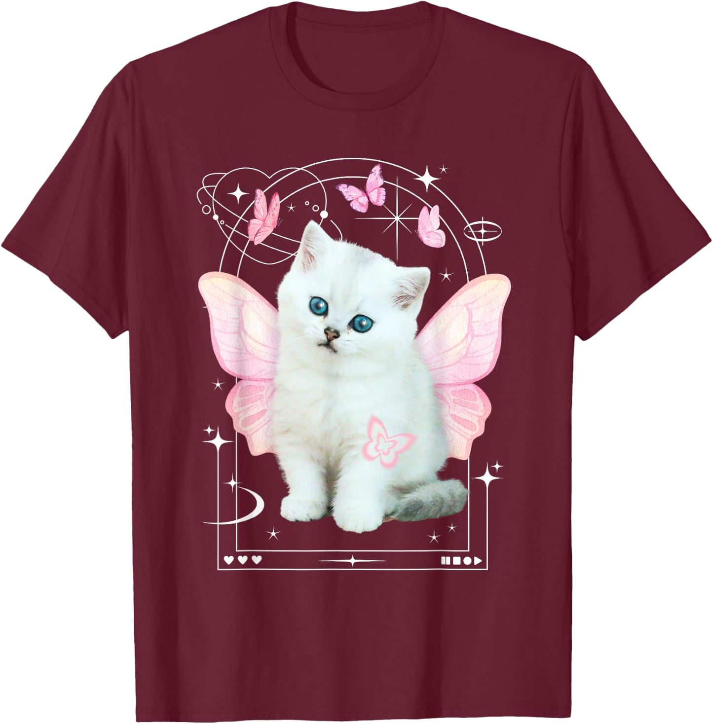 Cute y2k Aesthetic Cat Butterfly Fairy Cyber 2000s Graphic T-Shirt - T-Shirt | Maroon