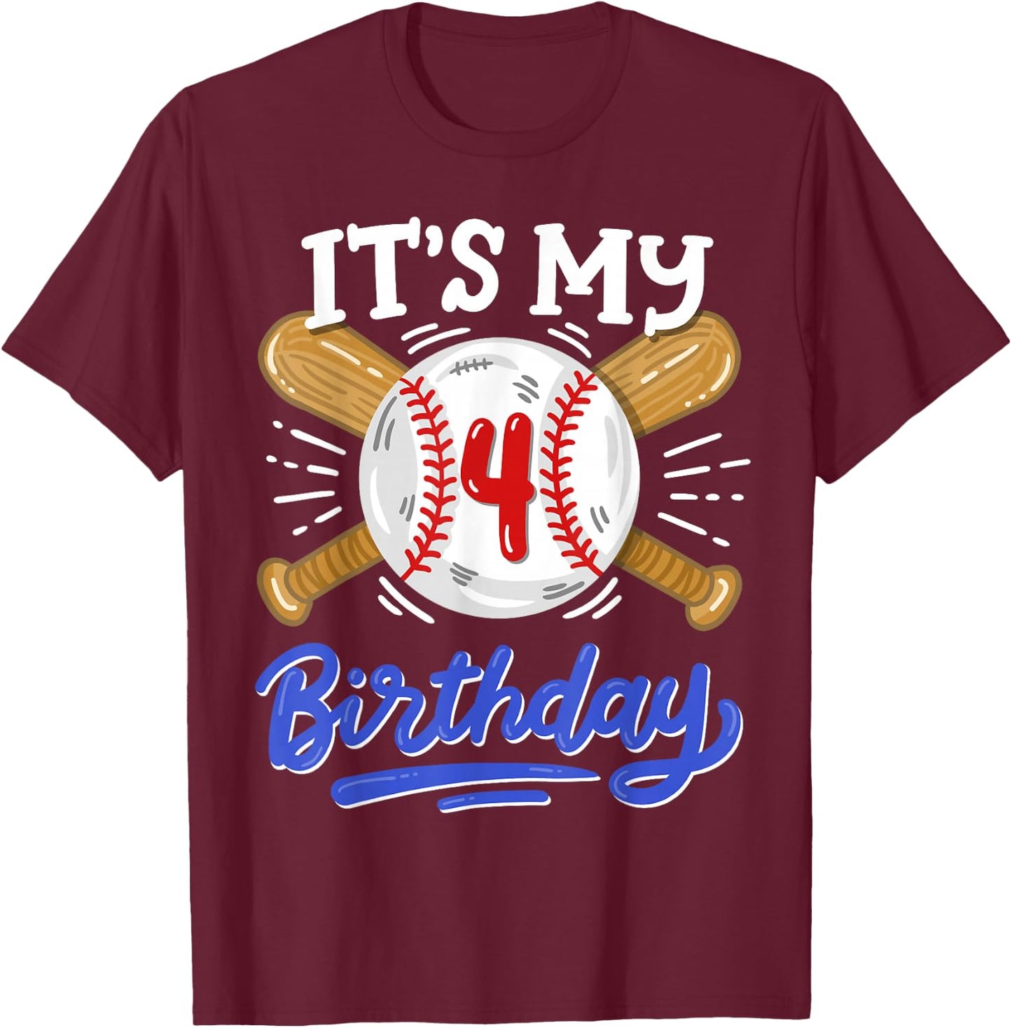 Kids 4th Baseball Birthday Party Boys Sport Fan 4 Years Old T-Shirt - T-Shirt | Maroon