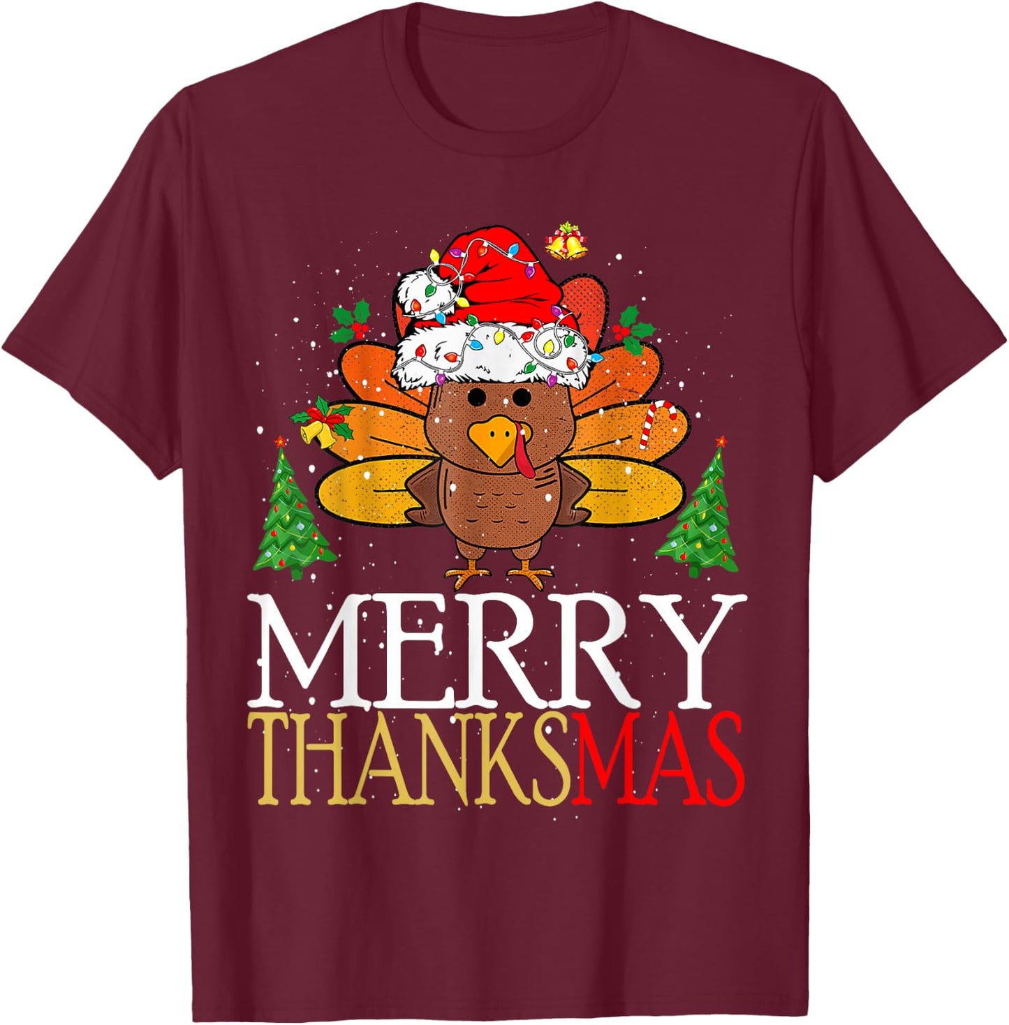 Merry Thanksmas Happy Thanksgiving Santa Turkey T-Shirt - T-Shirt | Maroon