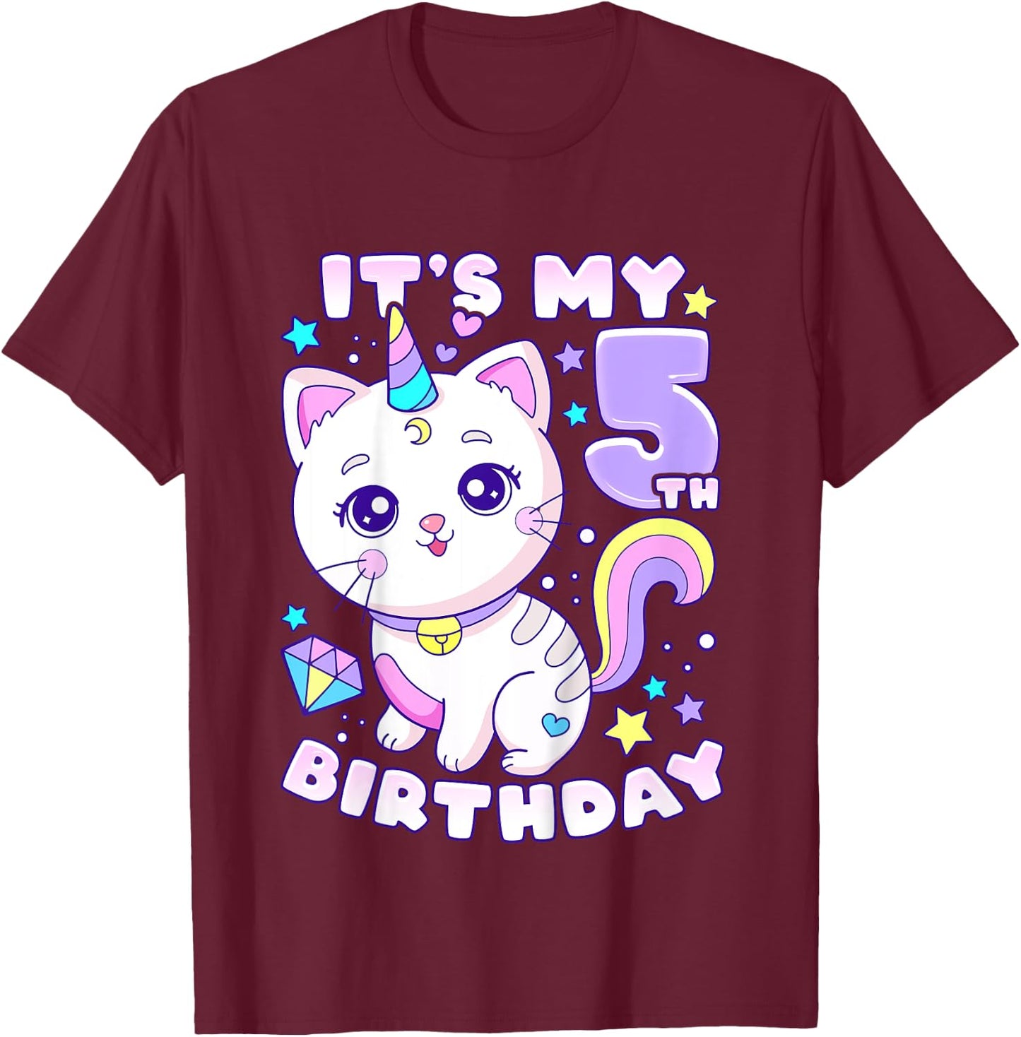 Birthday girl 5 years old, cat, unicorn, 5th birthday T-Shirt - T-Shirt | Maroon