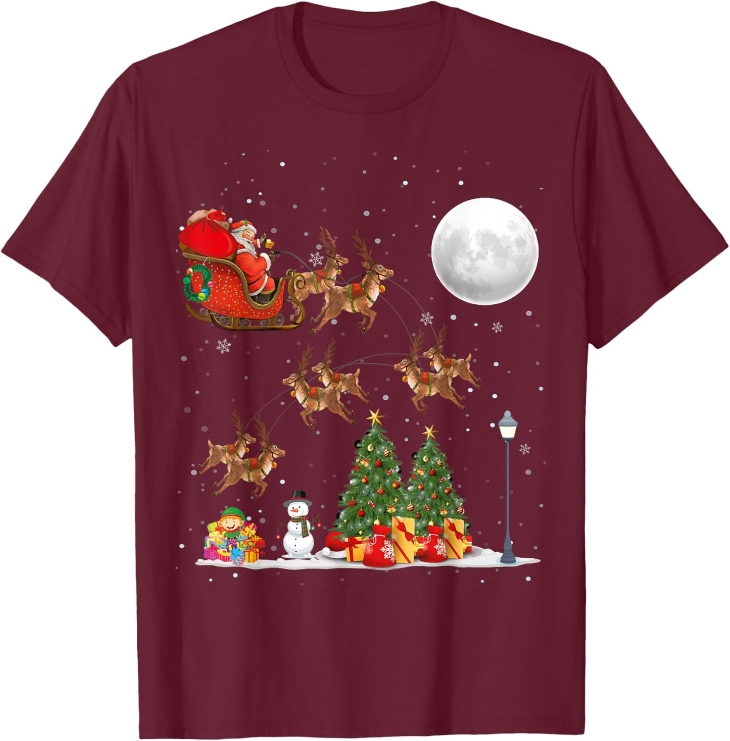 Xmas Tree Lighting Santa Riding sleigh deer Christmas T-Shirt - T-Shirt | Maroon
