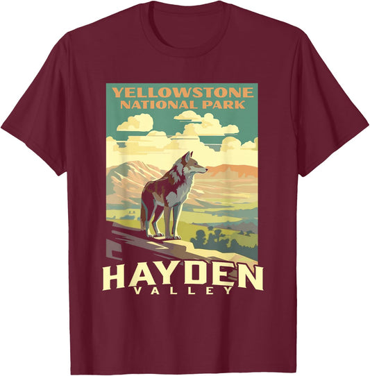 Yellowstone National Park Hayden Valley Wolf WPA Poster T-Shirt - T-Shirt | Maroon