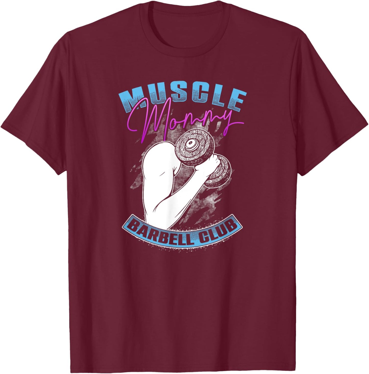 Retro Blue Pink Muscle Mommy Barbell Lifting Club T-Shirt - T-Shirt | Maroon