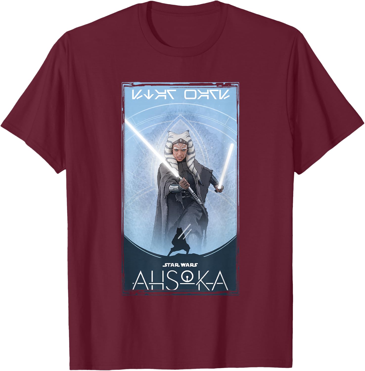 Star Wars: Ahsoka Tano Silhouette Atop Logo Poster T-Shirt - T-Shirt | Maroon