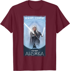 Star Wars: Ahsoka Tano Silhouette Atop Logo Poster T-Shirt - T-Shirt | Maroon