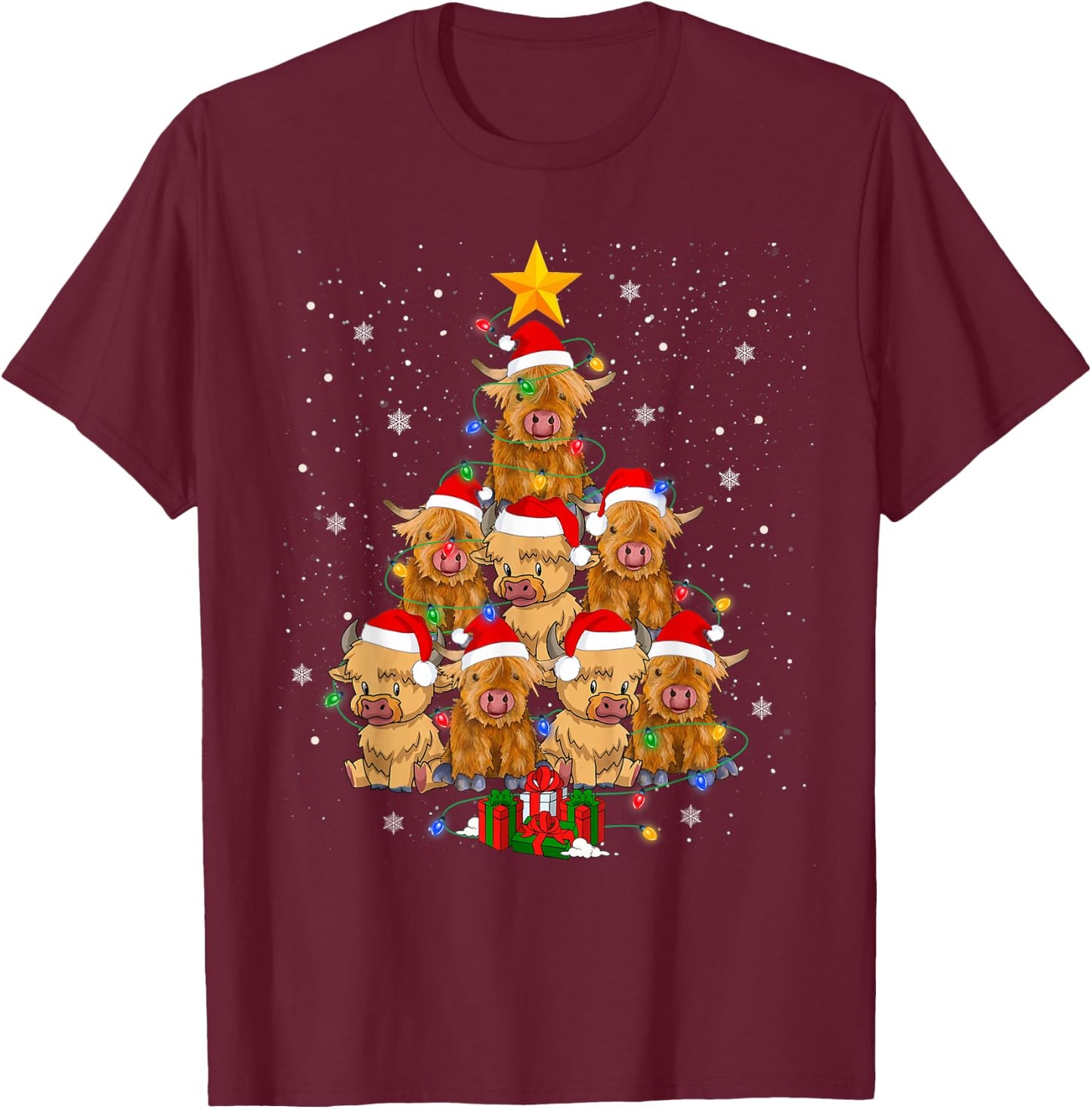 Scottish Highland Cow Christmas Tree Funny Cow Lover Xmas T-Shirt - T-Shirt | Maroon
