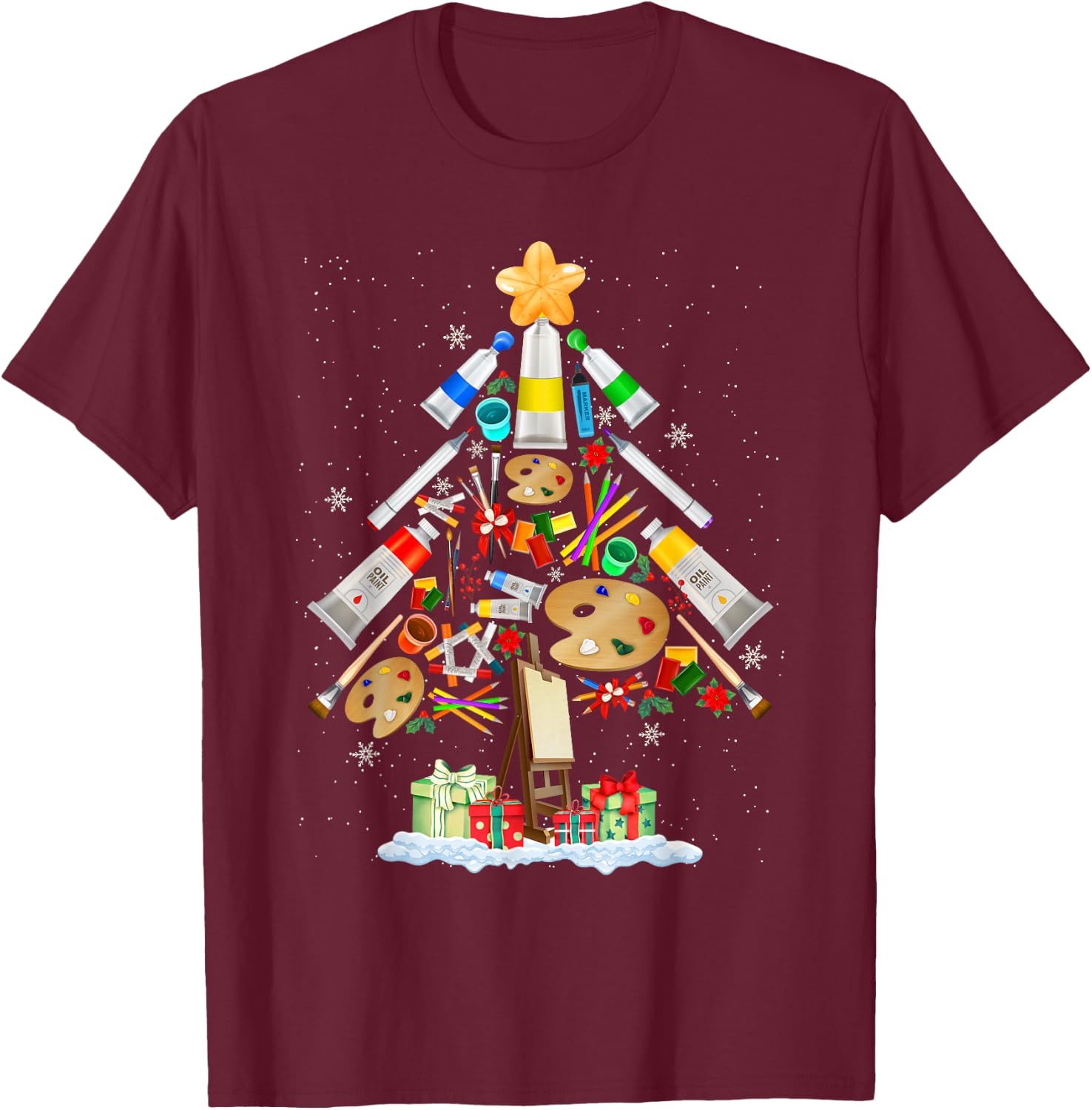Art Christmas Tree Merry Christmas Artist Art Teacher T-Shirt - T-Shirt | Maroon
