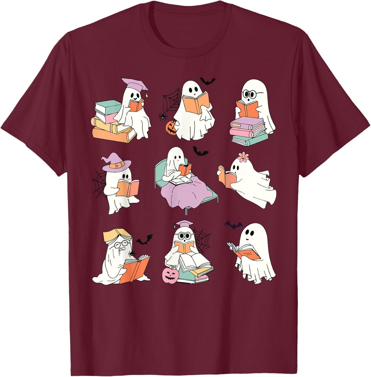 Funny Ghost Book Reading Halloween Books Lover Teacher Kids T-Shirt - T-Shirt | Maroon