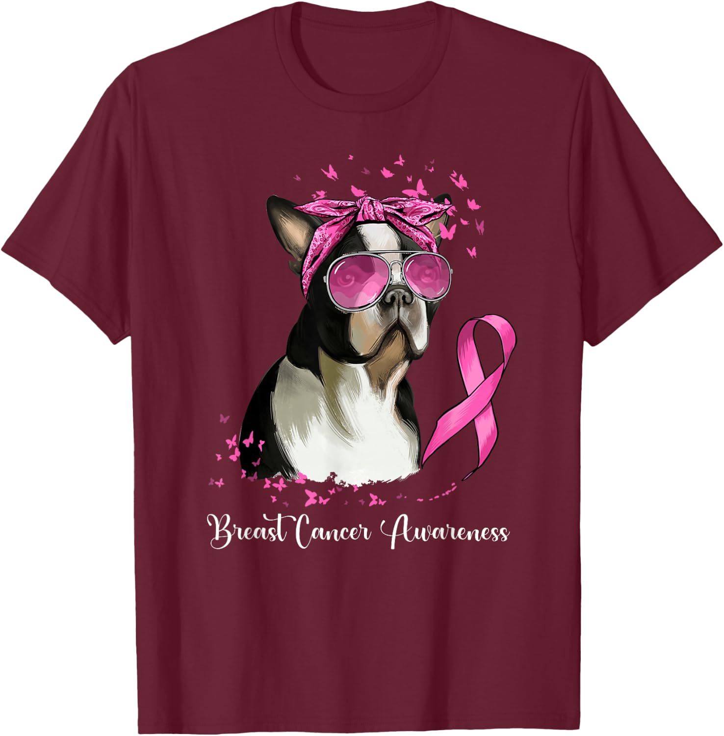 Boston Terrier Dog Lover Pink Ribbon Breast Cancer Awareness T-Shirt - T-Shirt | Maroon