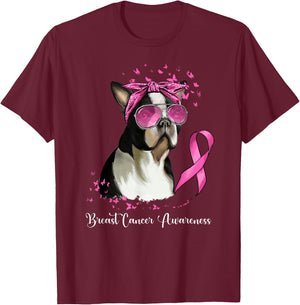 Boston Terrier Dog Lover Pink Ribbon Breast Cancer Awareness T-Shirt - T-Shirt | Maroon