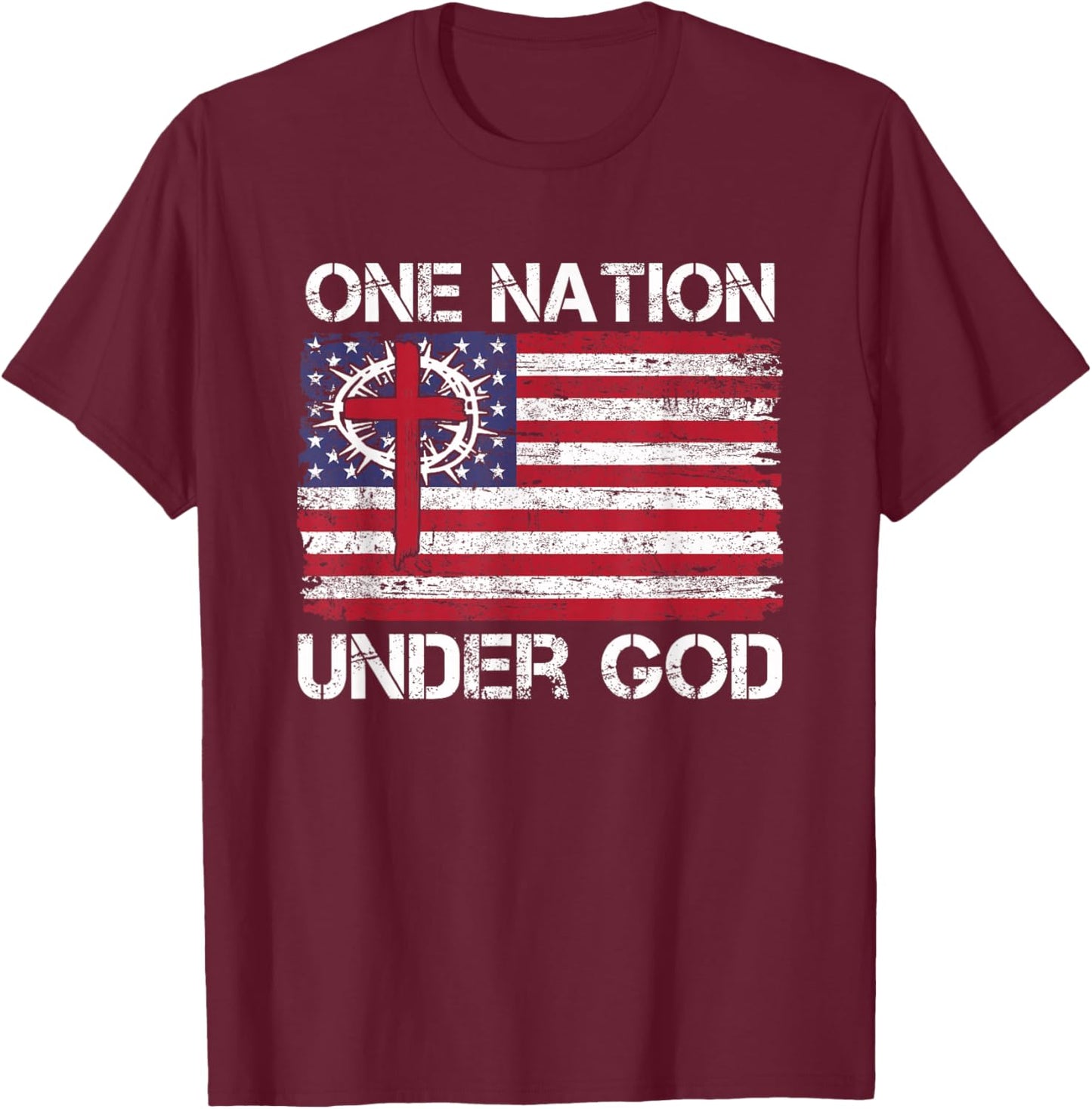 One Nation Under God Jesus USA Flag Christian 4th of July T-Shirt - T-Shirt | Maroon