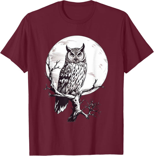 Owl Moon Graphic Women Men Girls Boys T-Shirt - T-Shirt | Maroon