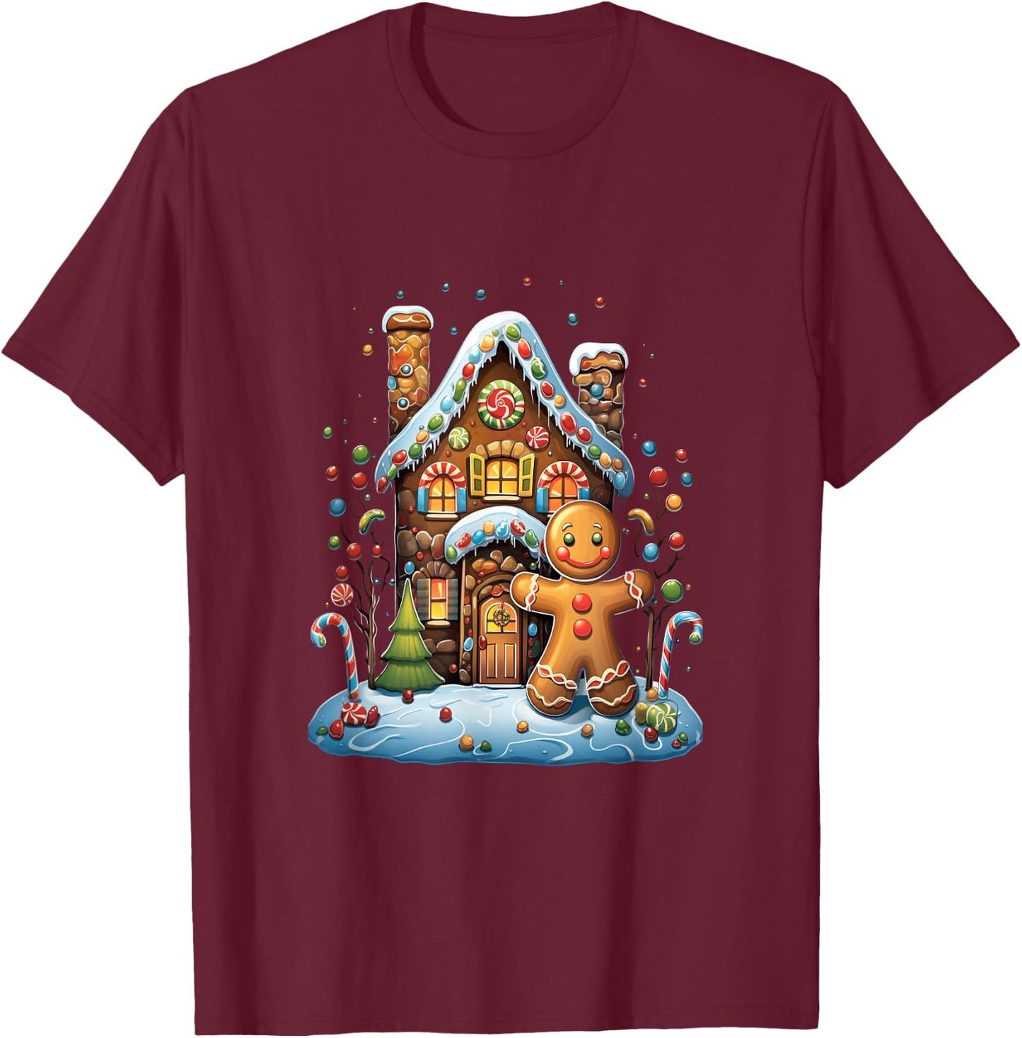 Christmas Gingerbread House Candy Cane X-Mas Pajamas Party T-Shirt - T-Shirt | Maroon