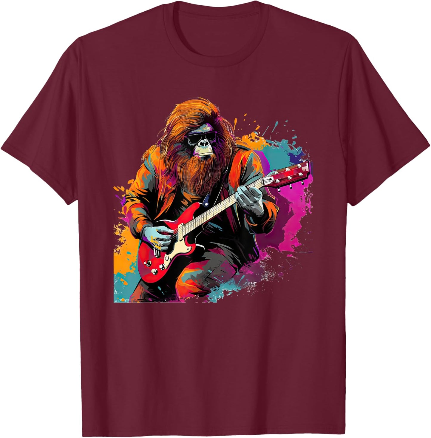 Bigfoot Guitarist Sasquatch Musician Colorful Rock Star T-Shirt - T-Shirt | Maroon
