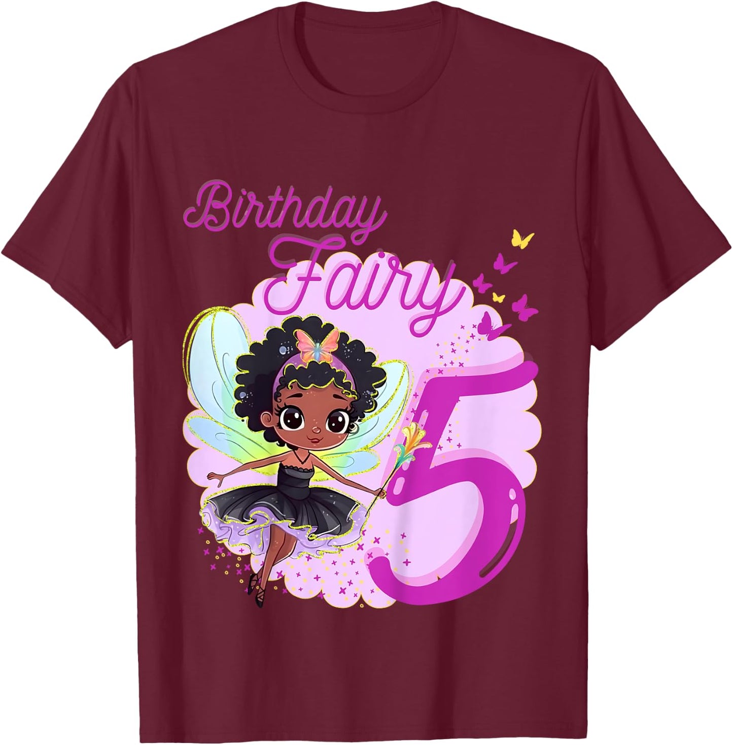 Magical Black Fairy Party Theme 5th Birthday | 5 Years Old T-Shirt - T-Shirt | Maroon