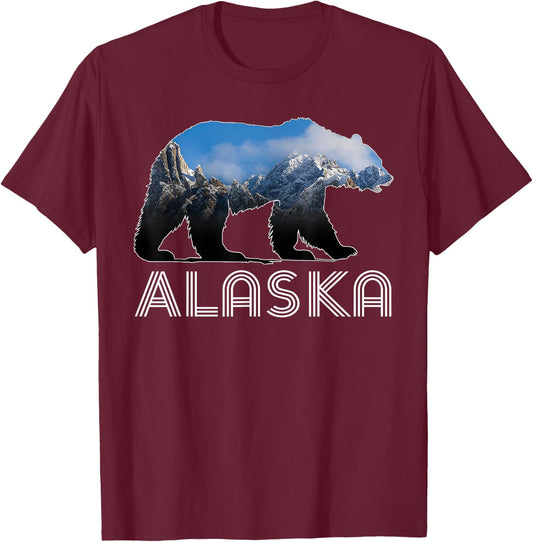 Alaskan Mountains Bear Grizzly Alaska State Souvenirs T-Shirt - T-Shirt | Maroon