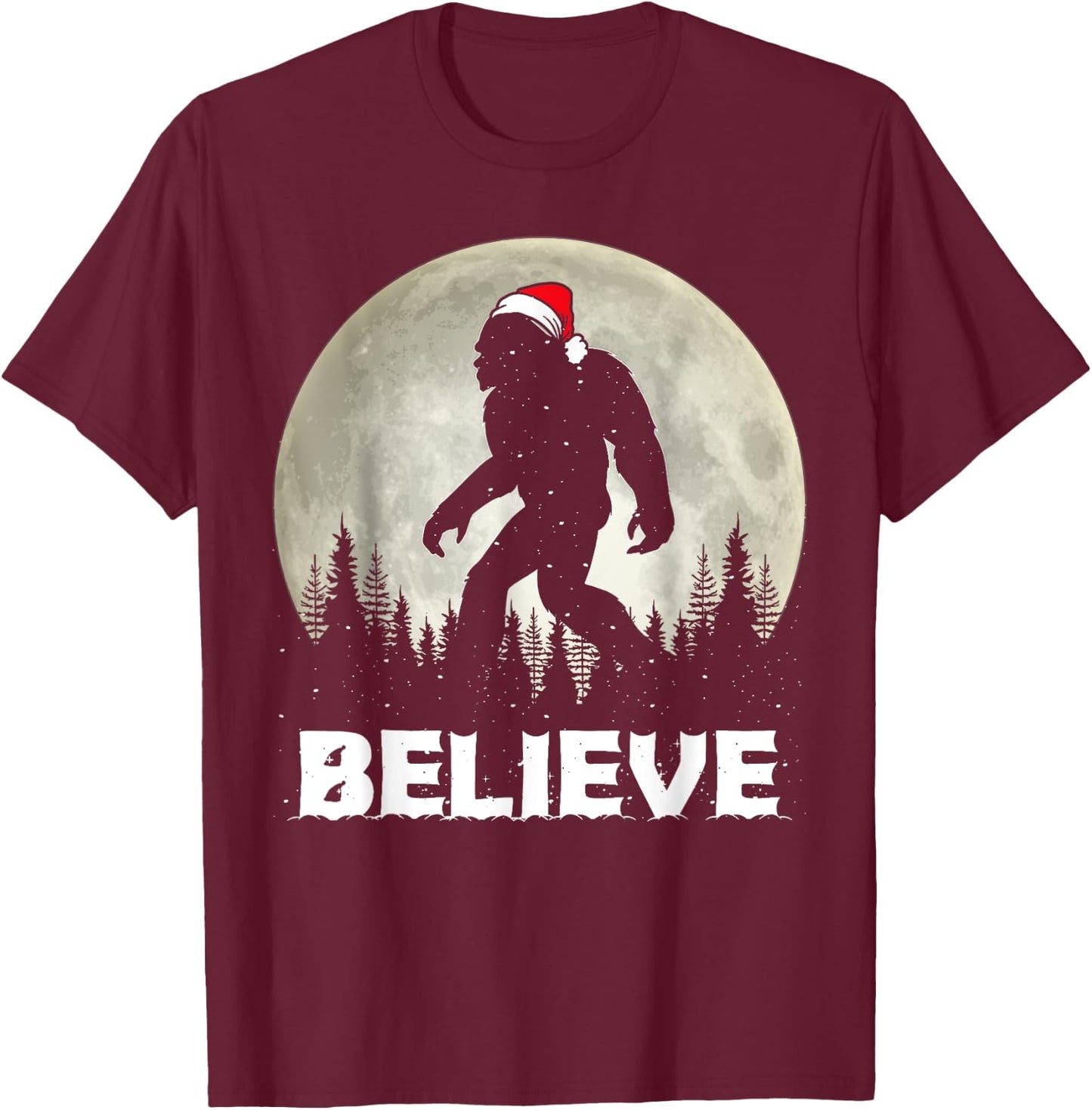 Santa Hat Bigfoot Believe Christmas Lights Rock Sasquatch T-Shirt - T-Shirt | Maroon