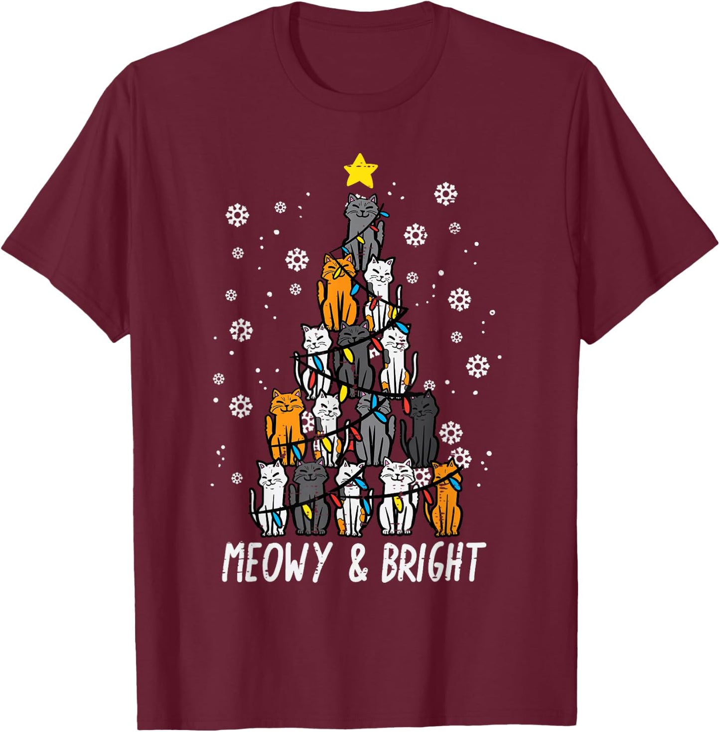 Cats Christmas Tree Meowy Bright Cute Xmas Girls Kids Women T-Shirt - T-Shirt | Maroon