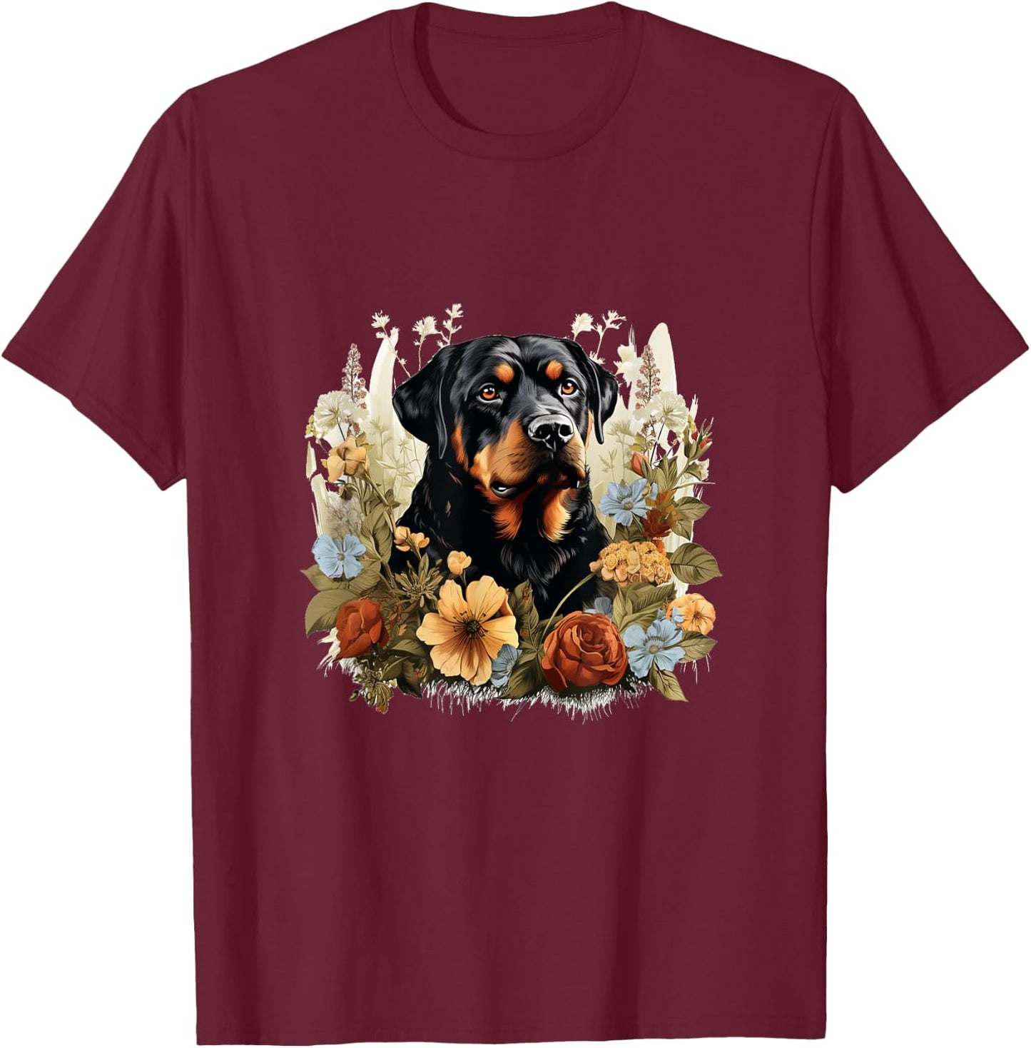 Rottweiler Dog With Flowers Vintage Pastel Floral Border Men Women Kids T-Shirt - T-Shirt | Maroon