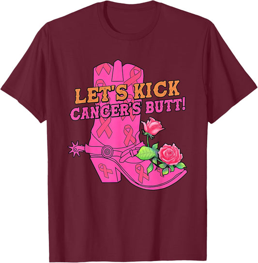 Let's Kick Cancer's Butt Western Cowboy Breast Cancer T-Shirt - T-Shirt | Maroon
