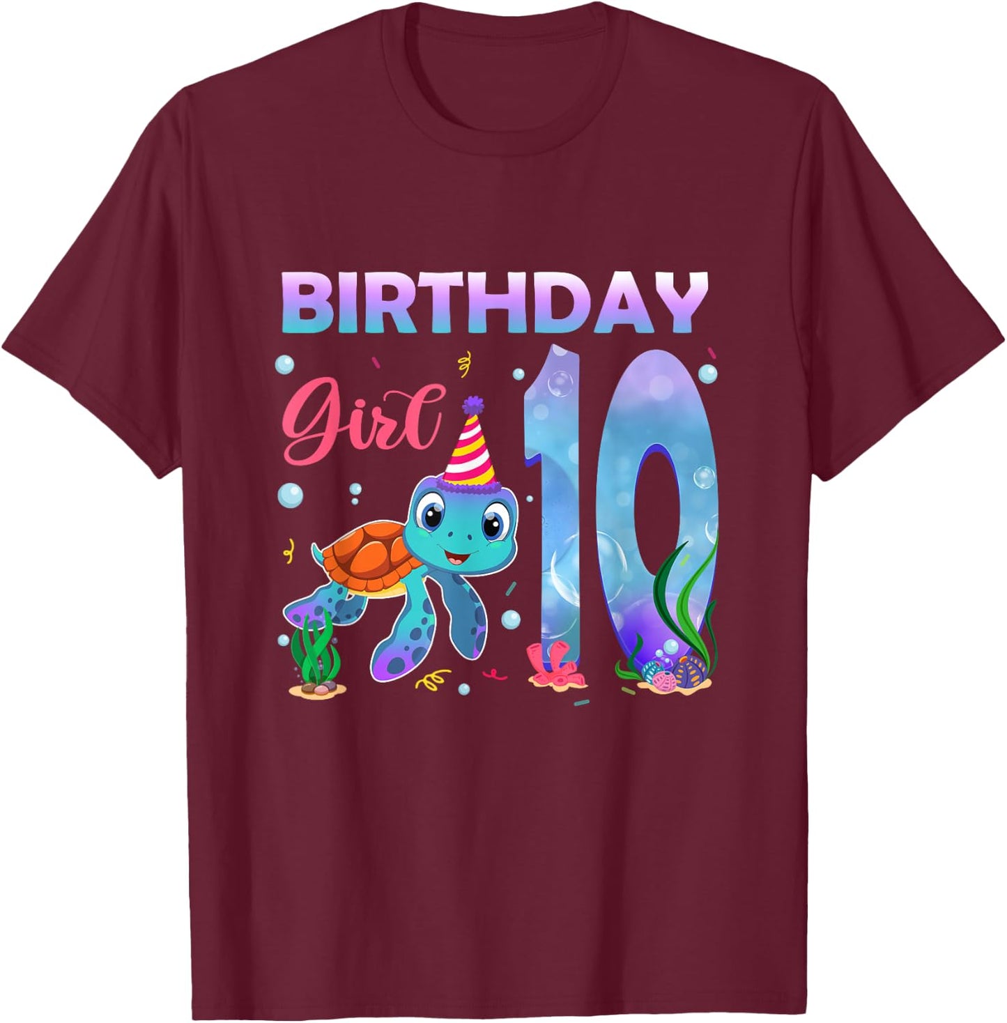 10th Birthday Girls Sea Turtle 10 Year Old Ocean Aquarium T-Shirt - T-Shirt | Maroon
