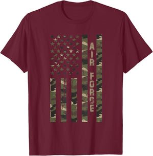 Air Force United States Distressed Camo w US Flag T-Shirt - T-Shirt | Maroon