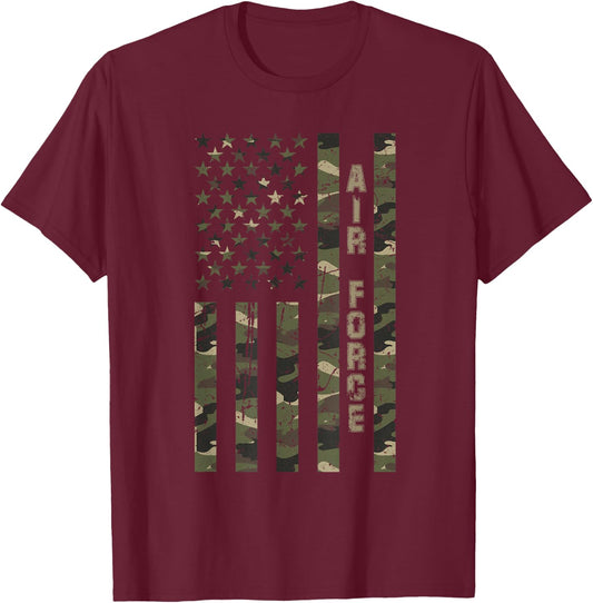 Air Force United States Distressed Camo w US Flag T-Shirt - T-Shirt | Maroon