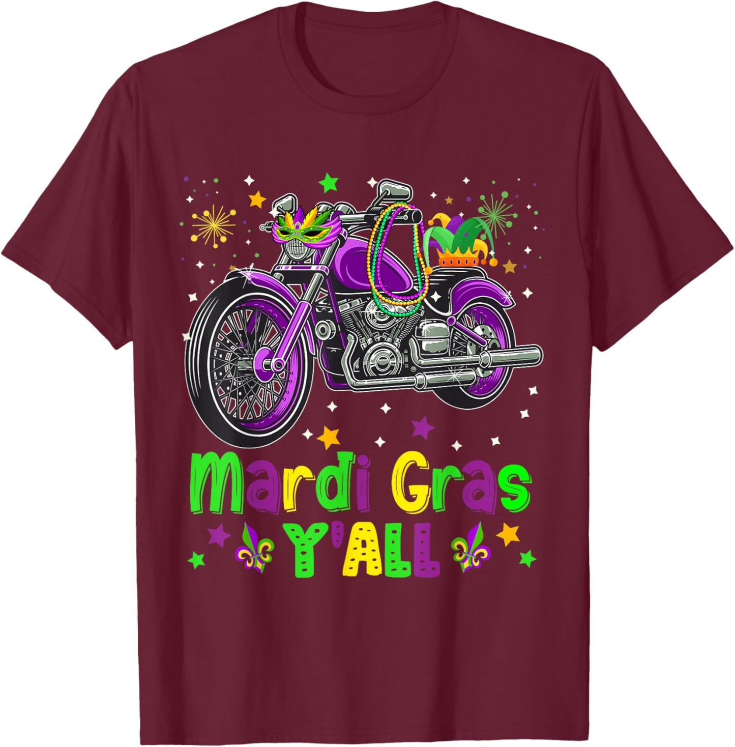 It's Mardi Gras Y'all Funny Motorcycle Masked Jester Hat T-Shirt - T-Shirt | Maroon
