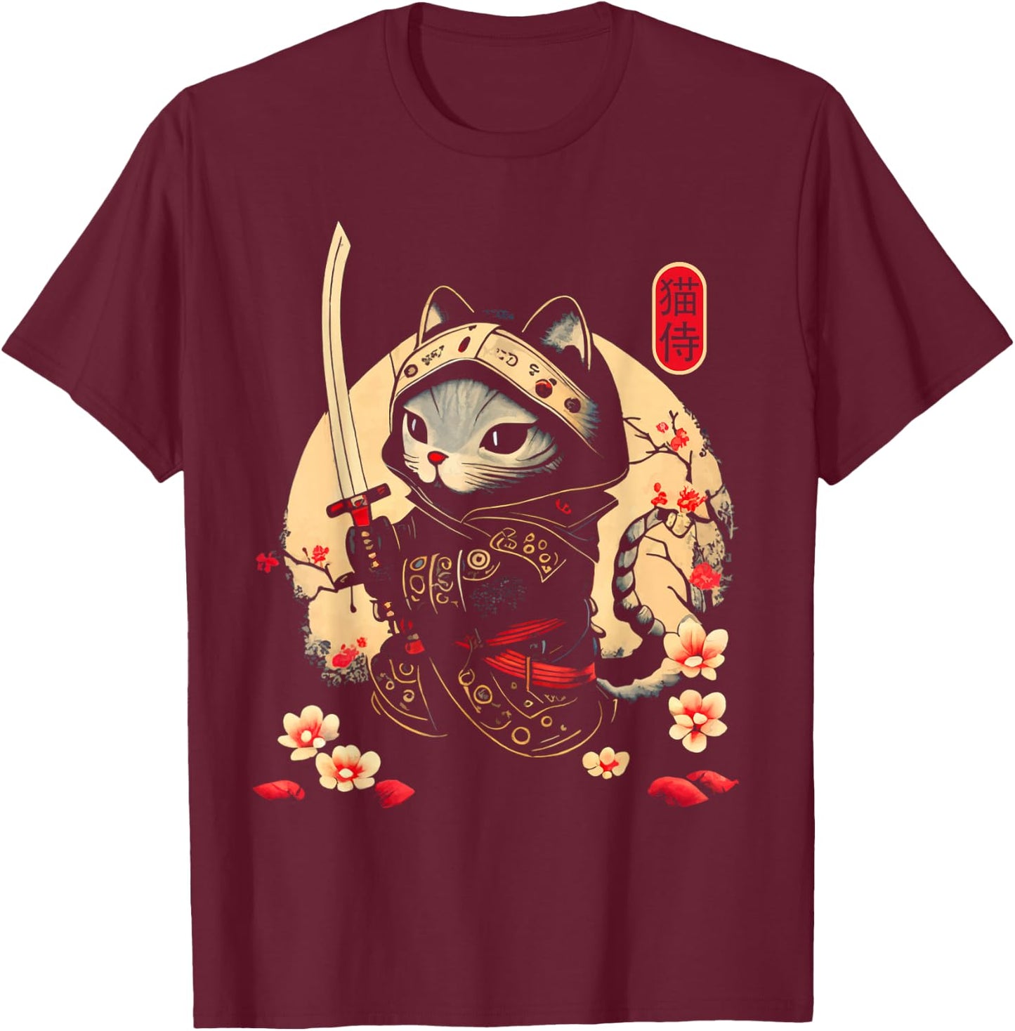 Japanese Samurai Cat Tattoo, Kawaii Ninja Cat T-Shirt - T-Shirt | Maroon