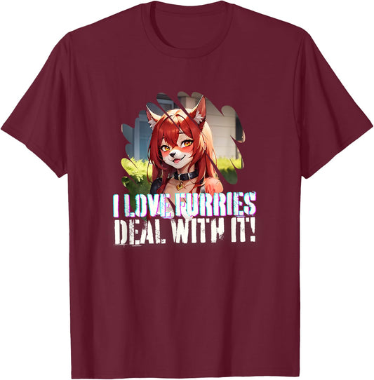 I Love Furries Furry Lover Stuff - Furry Fandom Anime Girl T-Shirt - T-Shirt | Maroon