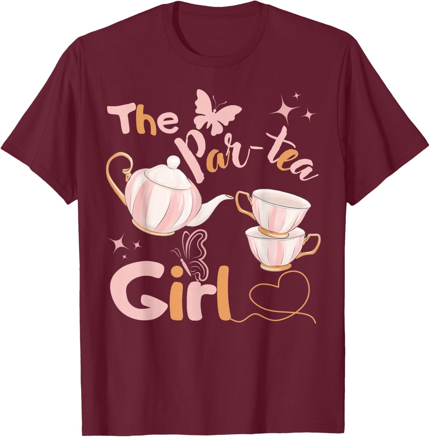 Girl 2nd Birthday Teapot Pastel Color Tea for Two Bday Party T-Shirt - T-Shirt | Maroon