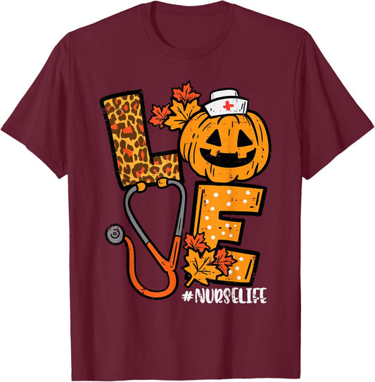 Leopard Pumpkin Nurse Halloween Costume Fall Scrub Top Women T-Shirt - T-Shirt | Maroon