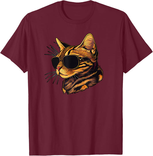 Dad Mom Cat Sunglasses - Bengal Cat T-Shirt - T-Shirt | Maroon