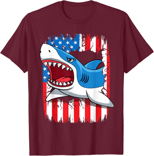 Shark 4th Of July Kids USA American Flag Boys Jawsome T-Shirt - T-Shirt | Maroon