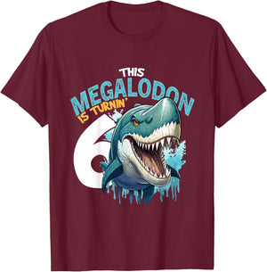 Turning 6 Years Old Birthday Boy Megalodon 6th Bday Girl T-Shirt - T-Shirt | Maroon